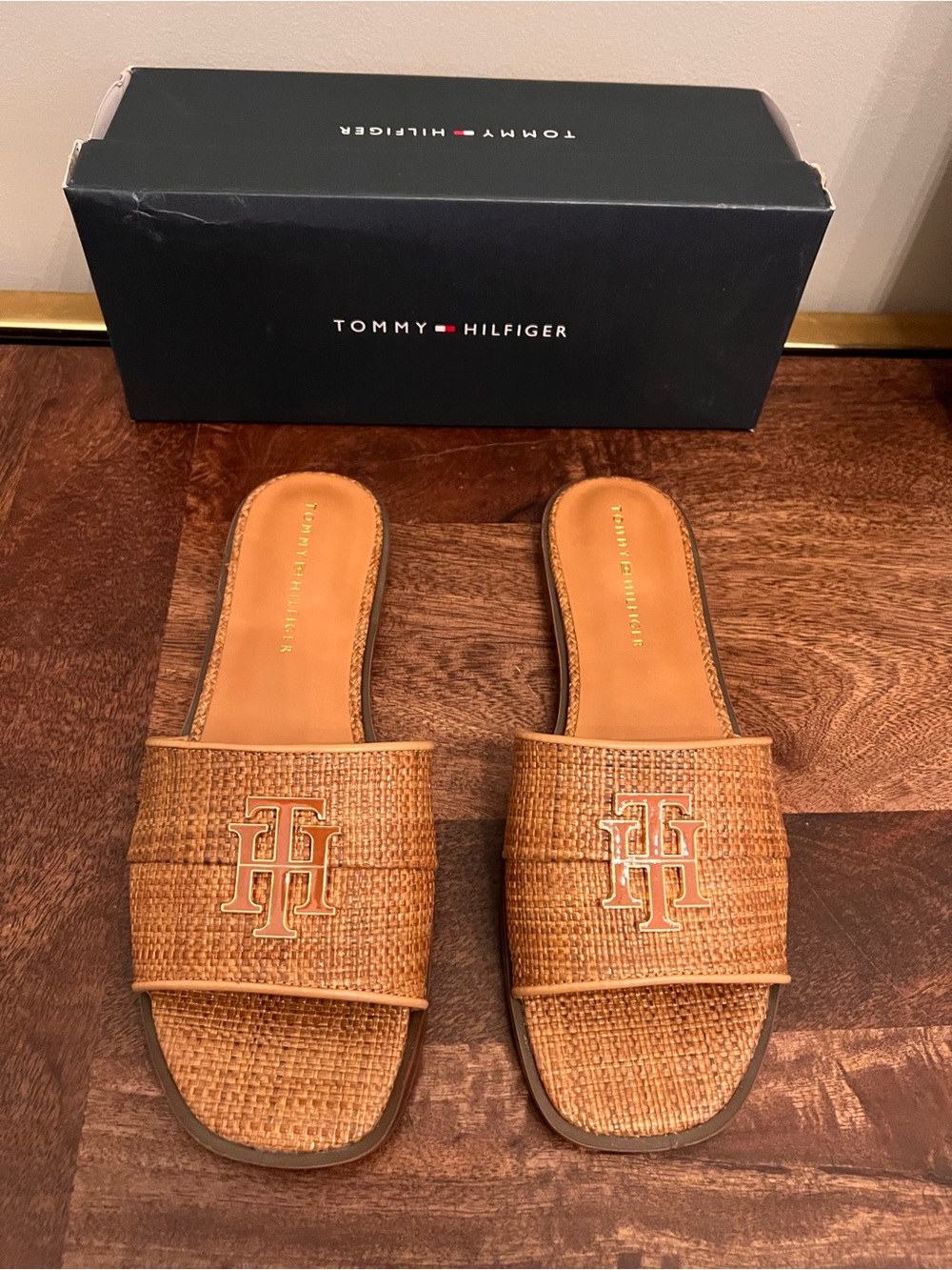Tommy Hilfiger Tan Woven Slide Sandals with TH Logo